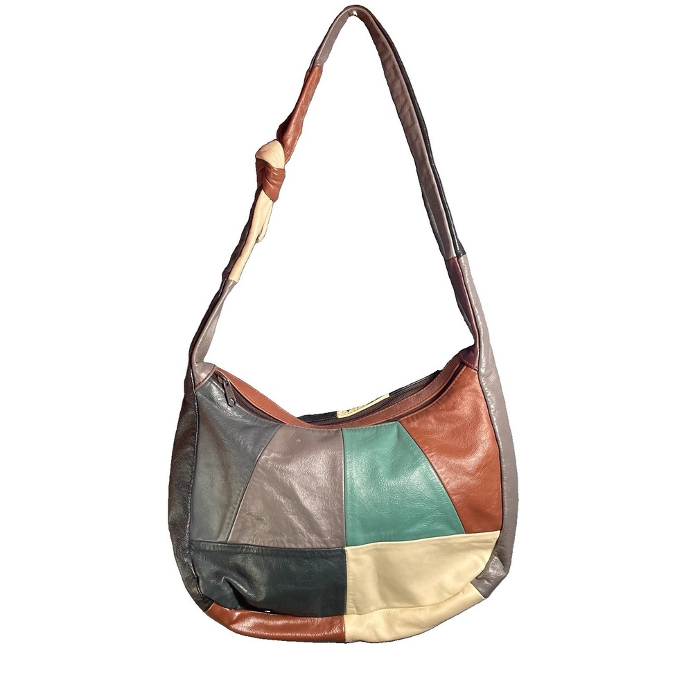 VTG Boho Patchwork Genuine Leather Crossbody Shoulder Bag Teal Patch Two Sided